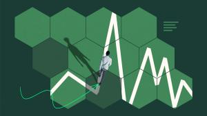 Graphic of a person standing on a white line graph with a green background, viewed through 12 hexagons